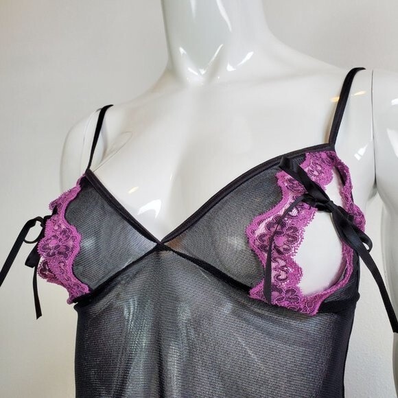 Vintage Y2K Victoria's Secret Black Mesh Purple Lace Lingerie Top - Picture 4 of 7